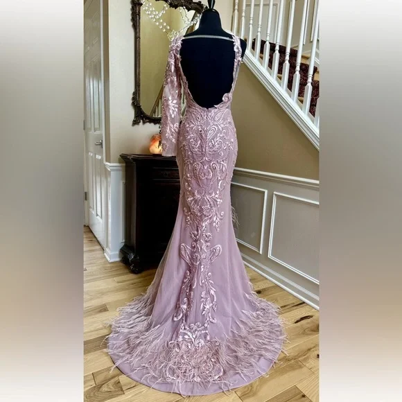 Portia and Scarlett Blush Long Sleeve Feather Fringed Embroidered Gown Size 6 - Picture 5 of 16